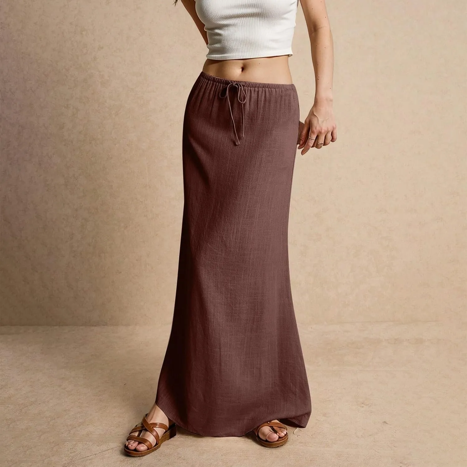 Linen Maxi Skirt for Women 2025 Summer Boho Flowy Long Skirts Drawstring Waist Y2k A Line Skirt Beach Cover Up Skirts