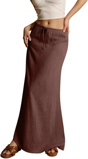 Linen Maxi Skirt for Women 2025 Summer Boho Flowy Long Skirts Drawstring Waist Y2k A Line Skirt Beach Cover Up Skirts