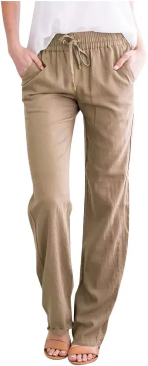 Linen Pants for Women 2024 Summer Trendy Drawstring Elastic Waist Wide Leg Straight Casual Work Trousers with Pockets