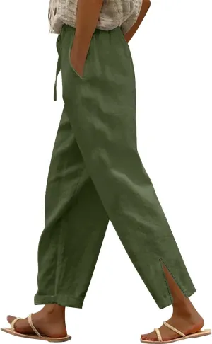 Linen Pants for Women 2025 Summer High Waist Elastic Straight Leg Lounge Pant Casual Loose Lightweight Beach Trousers