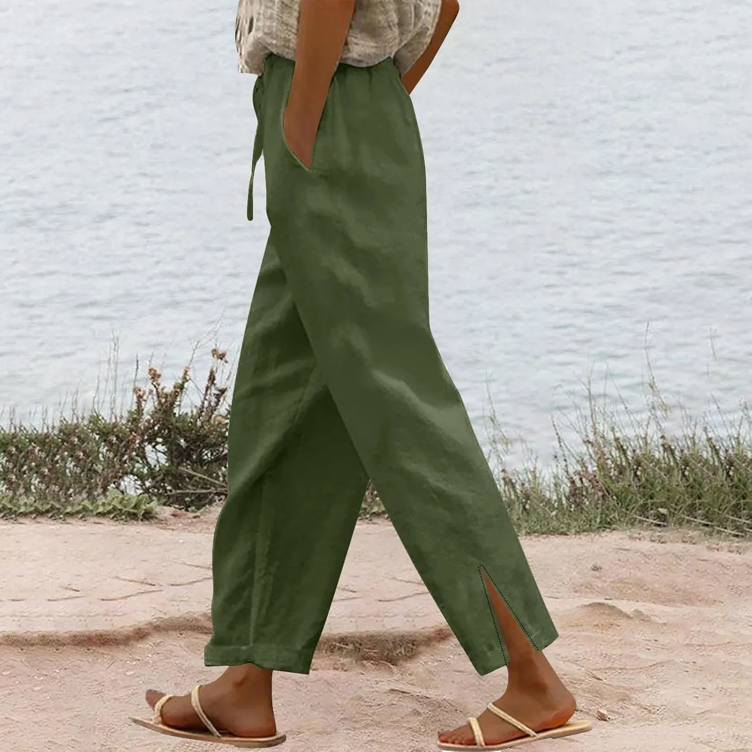 Linen Pants for Women 2025 Summer High Waist Elastic Straight Leg Lounge Pant Casual Loose Lightweight Beach Trousers