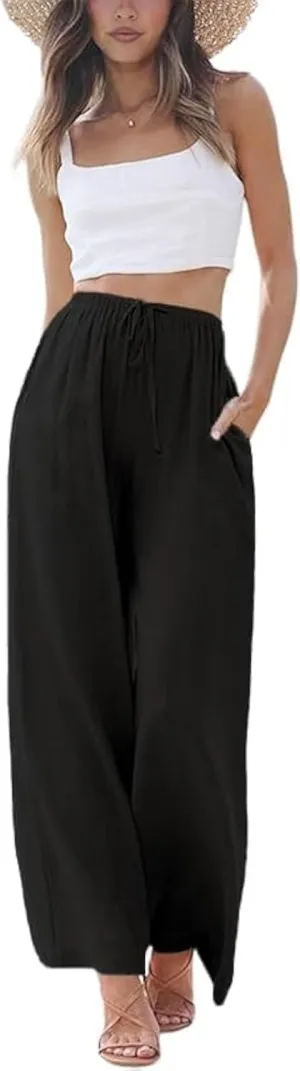 Linen Pants Women Summer Palazzo Pants Flowy Wide Leg Beach Trousers with Pockets