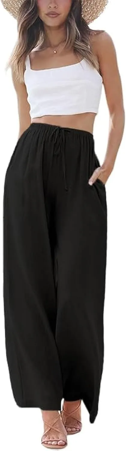 Linen Pants Women Summer Palazzo Pants Flowy Wide Leg Beach Trousers with Pockets