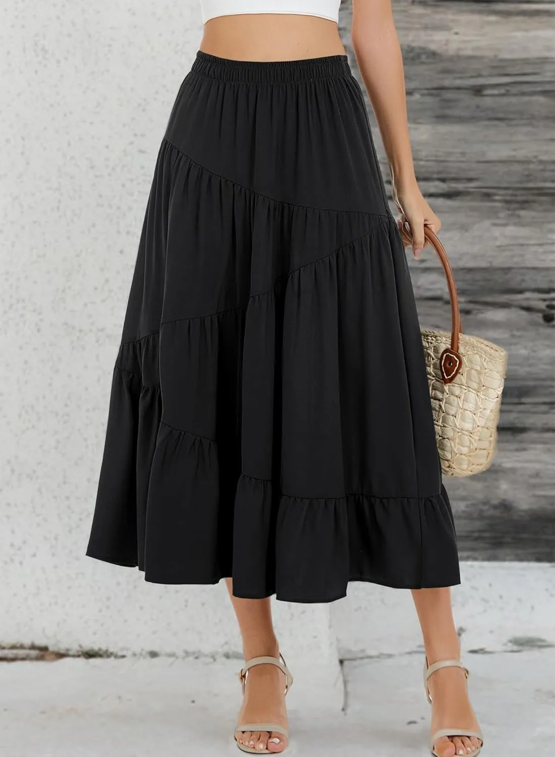 Long Skirts for Women 2025 Trendy Summer Boho Elastic Waist Flowy A Line Maxi Tiered Skirt