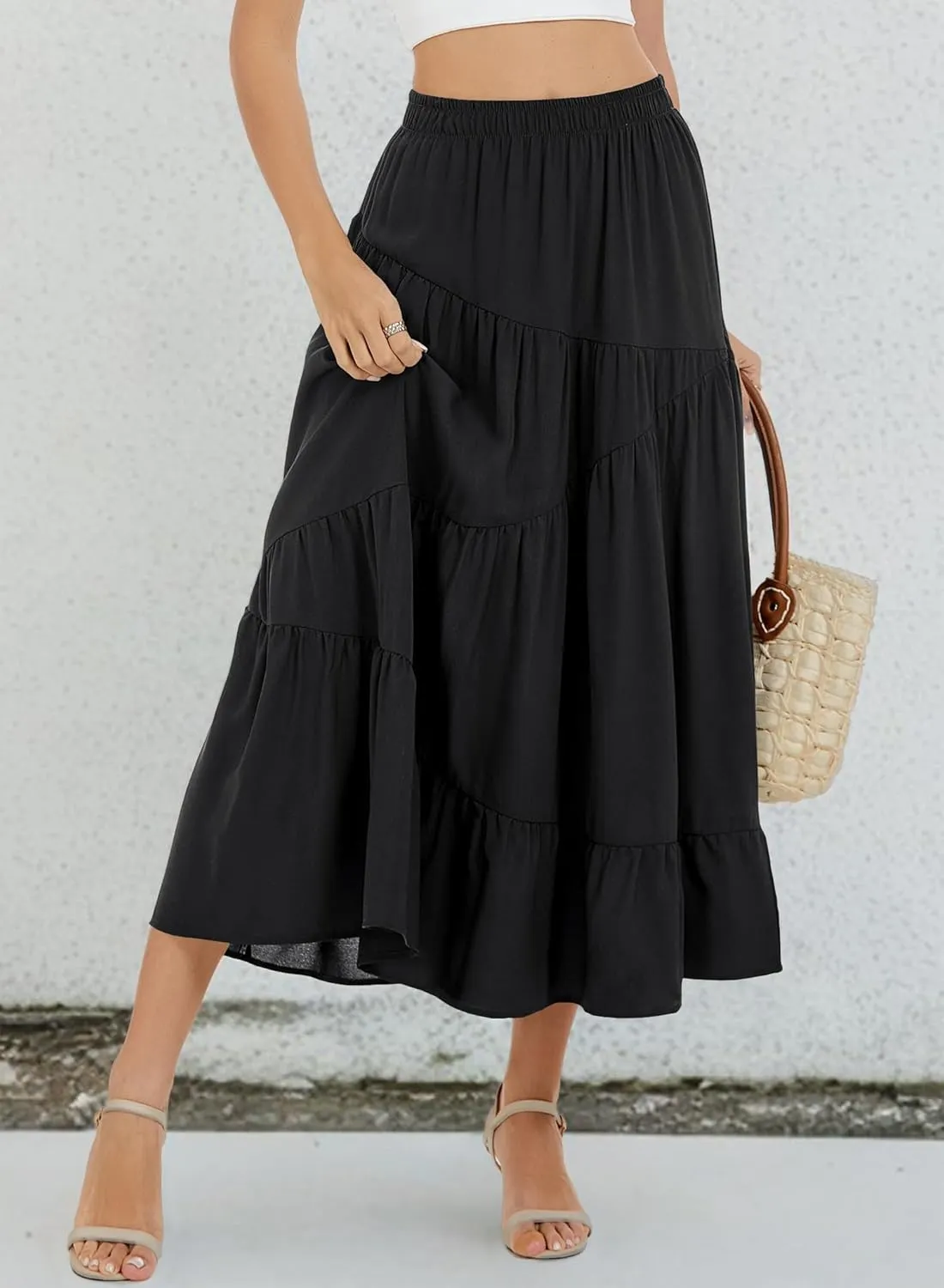 Long Skirts for Women 2025 Trendy Summer Boho Elastic Waist Flowy A Line Maxi Tiered Skirt
