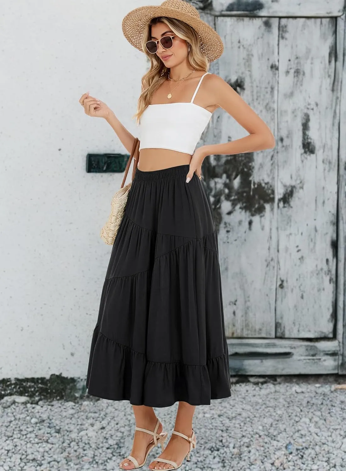 Long Skirts for Women 2025 Trendy Summer Boho Elastic Waist Flowy A Line Maxi Tiered Skirt