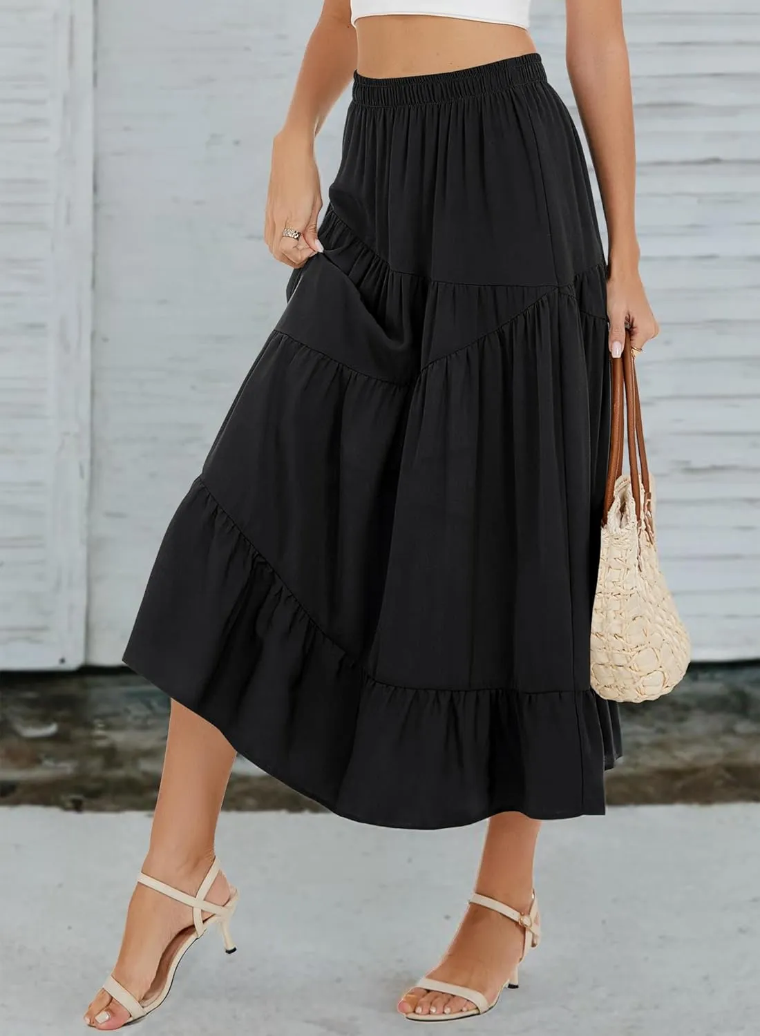Long Skirts for Women 2025 Trendy Summer Boho Elastic Waist Flowy A Line Maxi Tiered Skirt