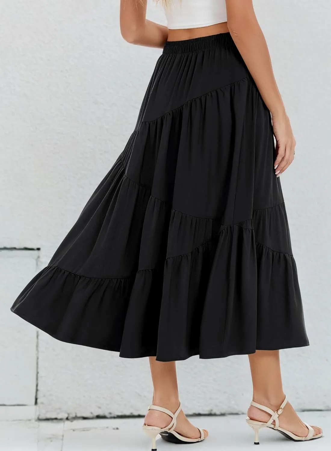 Long Skirts for Women 2025 Trendy Summer Boho Elastic Waist Flowy A Line Maxi Tiered Skirt