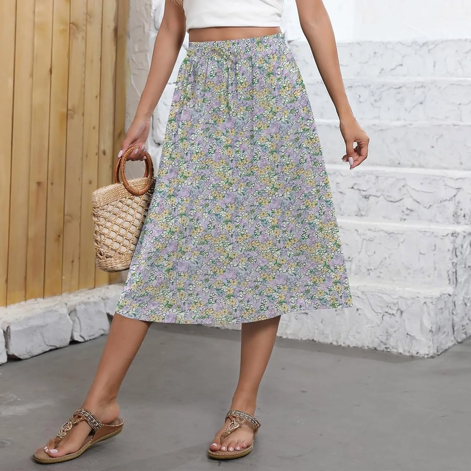 Long Skirts for Women Trendy Floral Skirt Casual Drawstring Elastic High Waisted Skirts A Line Boho Flowy Skirt
