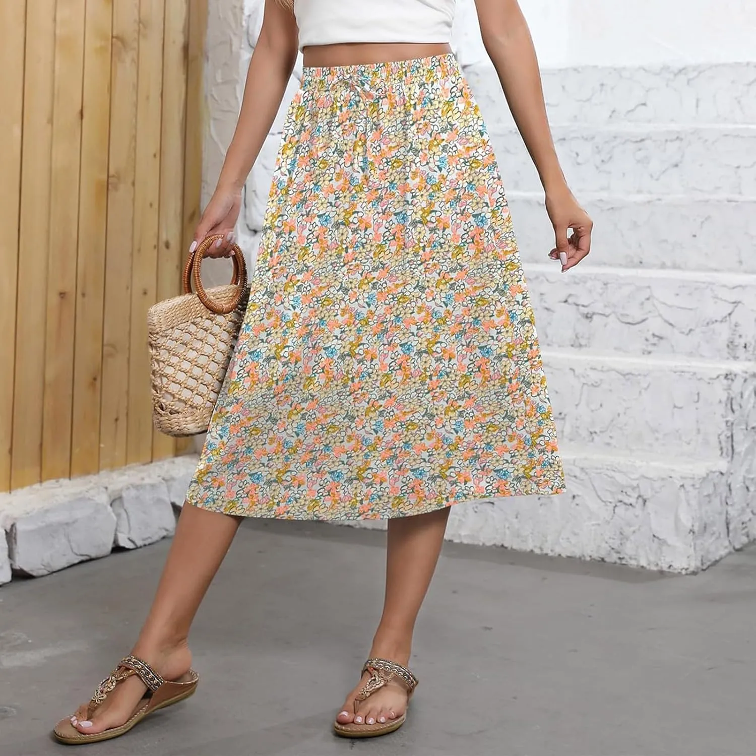 Long Skirts for Women Trendy Floral Skirt Casual Drawstring Elastic High Waisted Skirts A Line Boho Flowy Skirt
