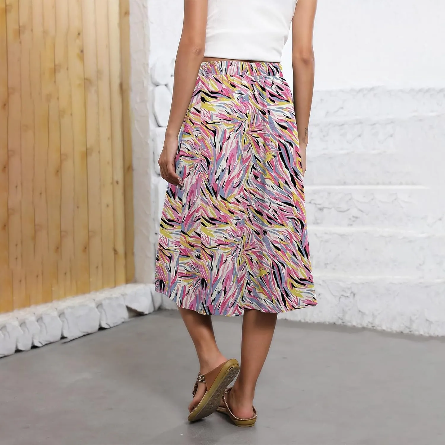 Long Skirts for Women Trendy Floral Skirt Casual Drawstring Elastic High Waisted Skirts A Line Boho Flowy Skirt
