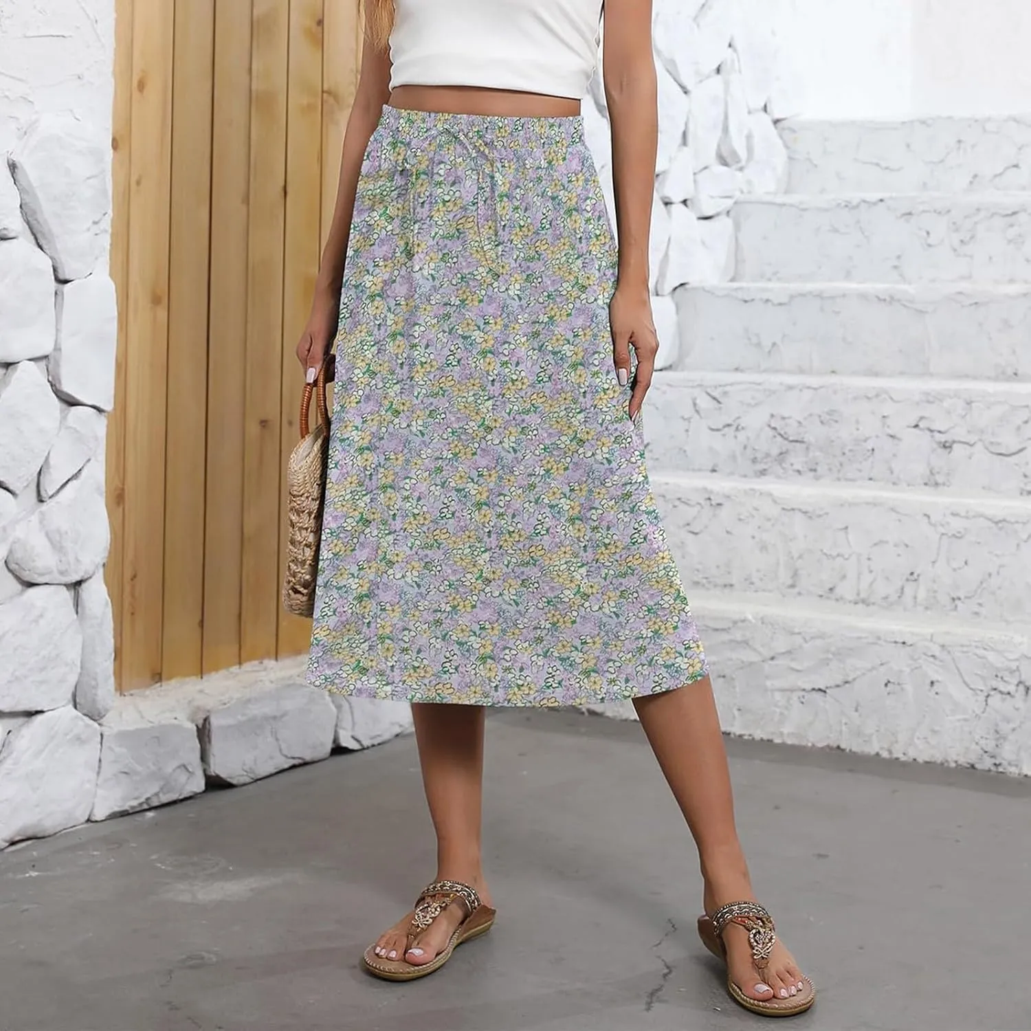 Long Skirts for Women Trendy Floral Skirt Casual Drawstring Elastic High Waisted Skirts A Line Boho Flowy Skirt