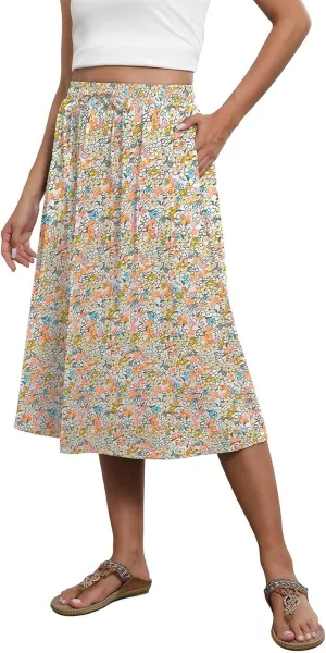 Long Skirts for Women Trendy Floral Skirt Casual Drawstring Elastic High Waisted Skirts A Line Boho Flowy Skirt