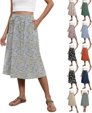 Long Skirts for Women Trendy Floral Skirt Casual Drawstring Elastic High Waisted Skirts A Line Boho Flowy Skirt