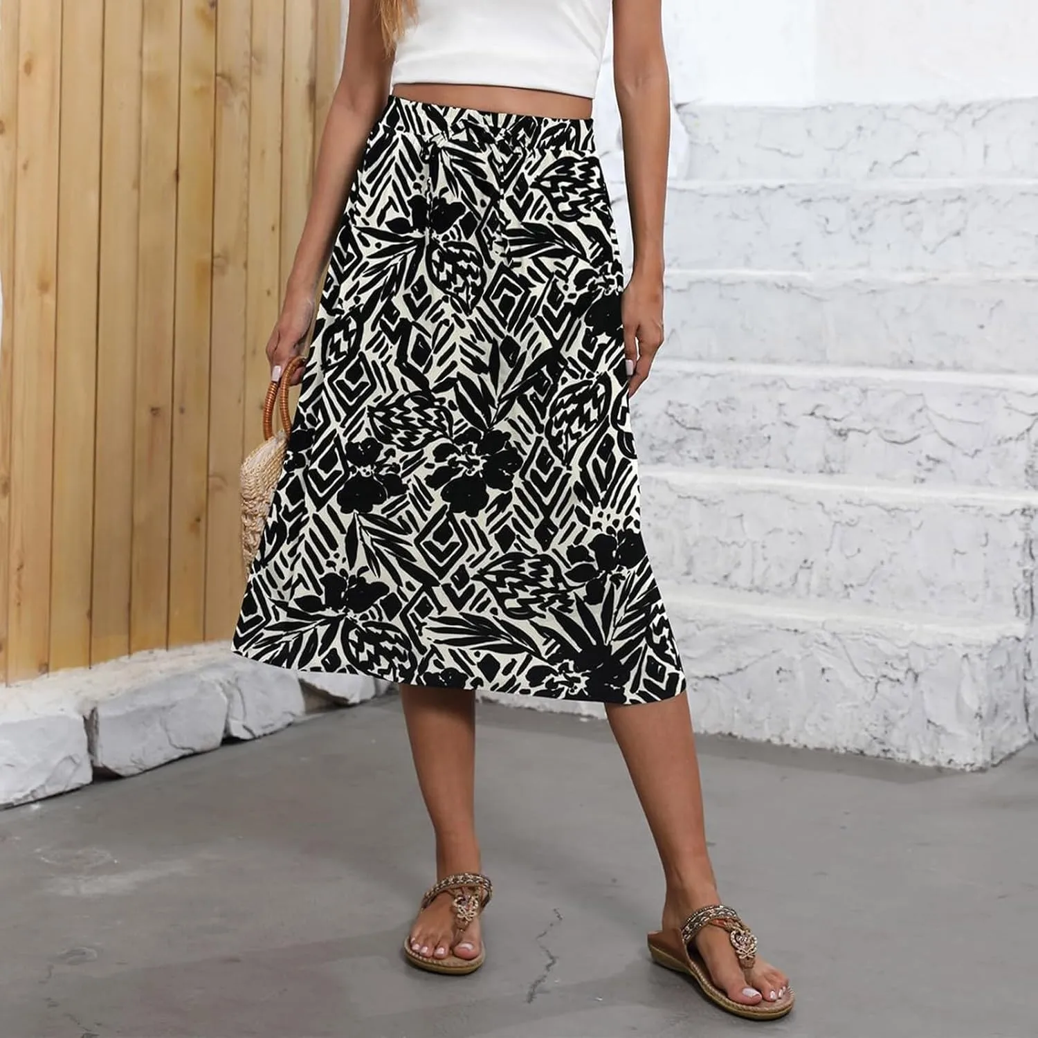 Long Skirts for Women Trendy Floral Skirt Casual Drawstring Elastic High Waisted Skirts A Line Boho Flowy Skirt