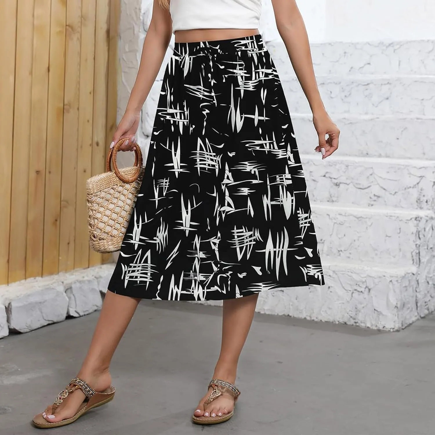Long Skirts for Women Trendy Floral Skirt Casual Drawstring Elastic High Waisted Skirts A Line Boho Flowy Skirt