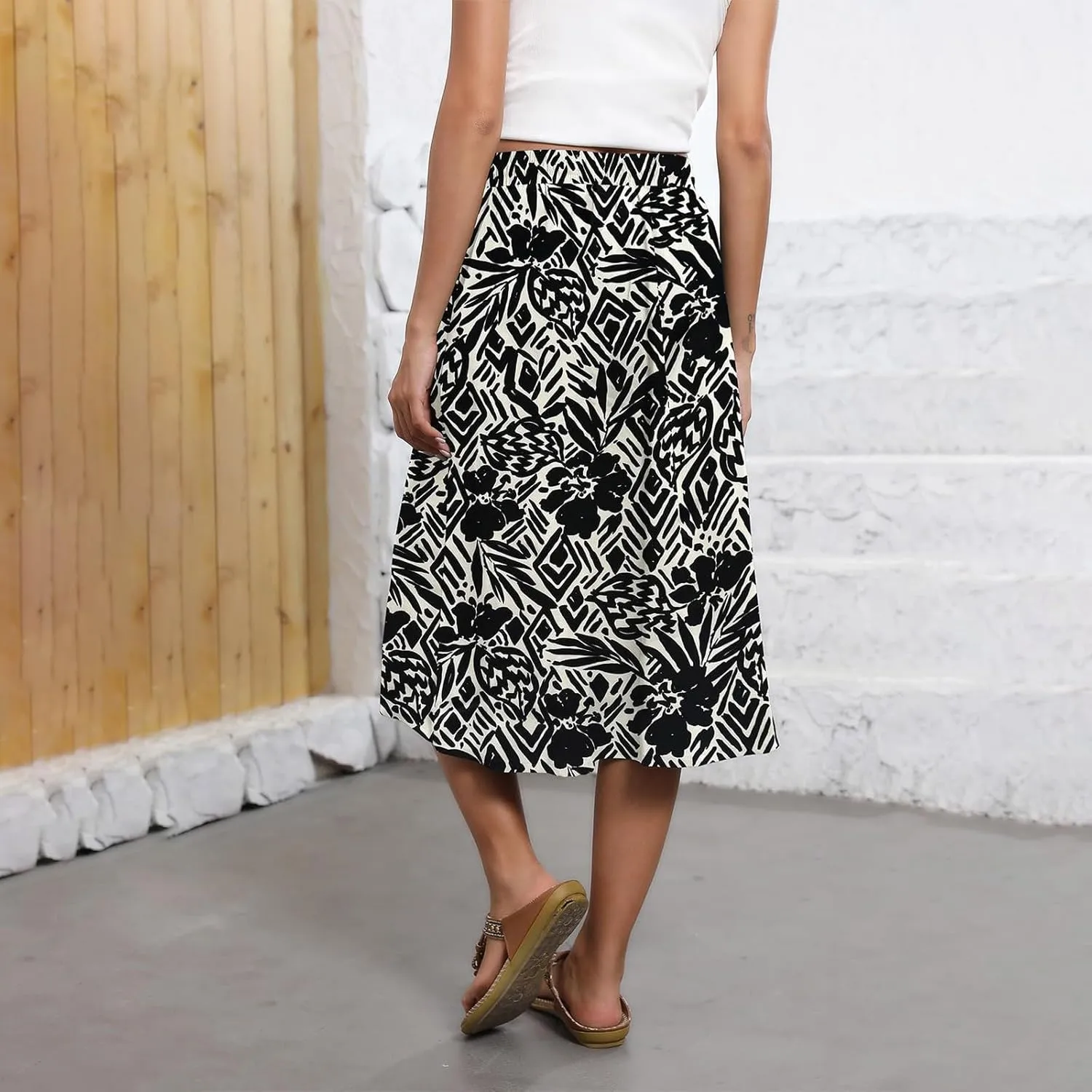 Long Skirts for Women Trendy Floral Skirt Casual Drawstring Elastic High Waisted Skirts A Line Boho Flowy Skirt