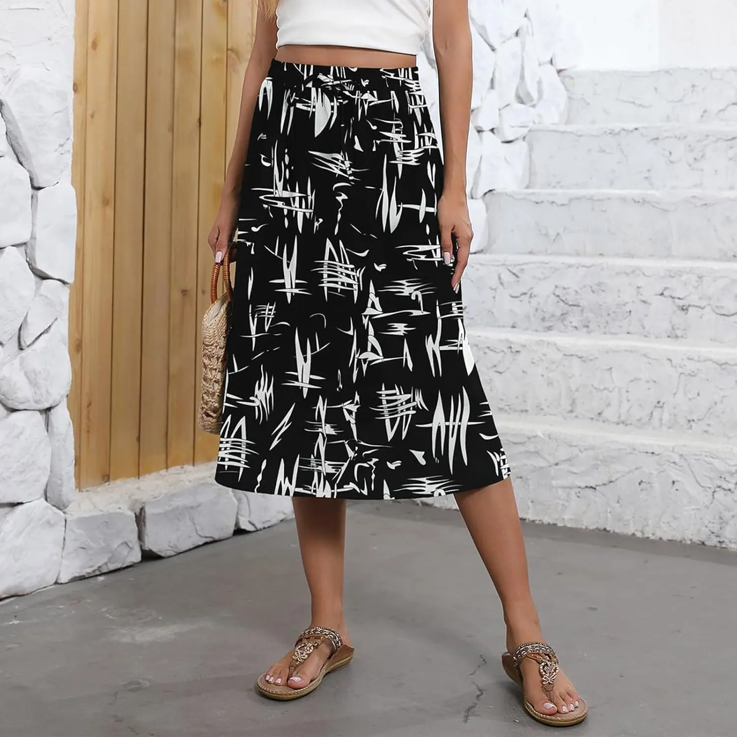 Long Skirts for Women Trendy Floral Skirt Casual Drawstring Elastic High Waisted Skirts A Line Boho Flowy Skirt
