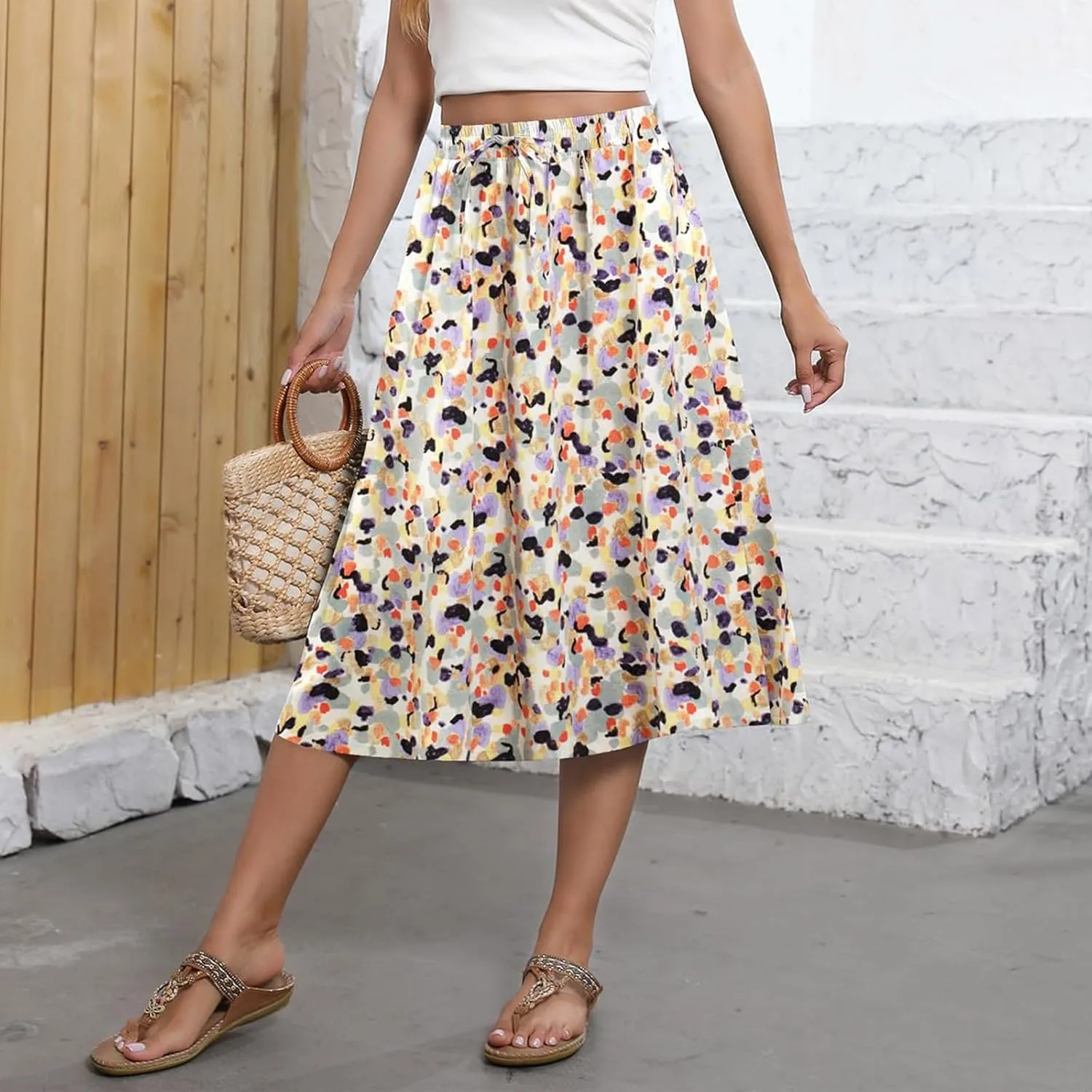 Long Skirts for Women Trendy Floral Skirt Casual Drawstring Elastic High Waisted Skirts A Line Boho Flowy Skirt
