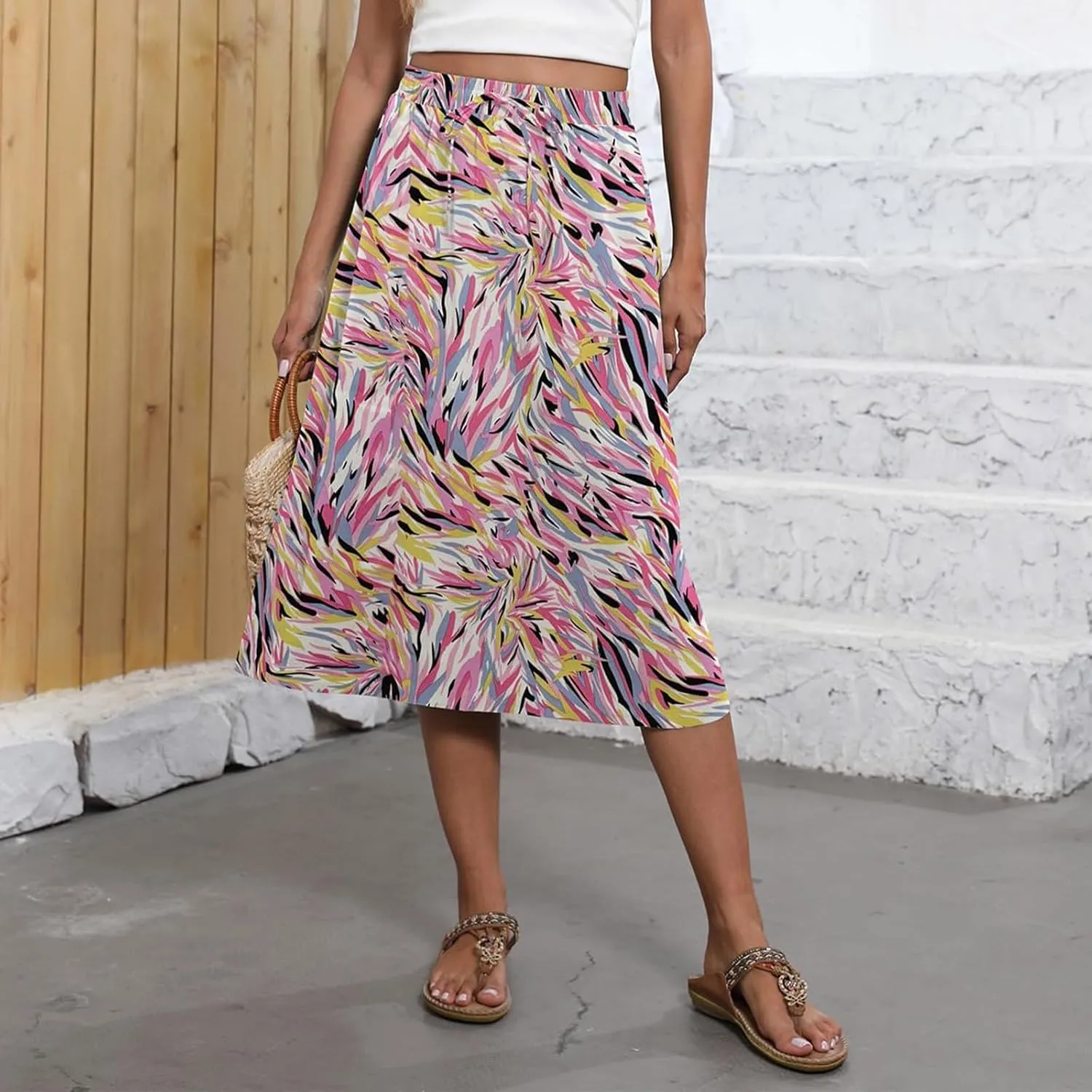 Long Skirts for Women Trendy Floral Skirt Casual Drawstring Elastic High Waisted Skirts A Line Boho Flowy Skirt