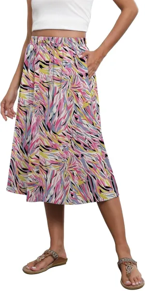 Long Skirts for Women Trendy Floral Skirt Casual Drawstring Elastic High Waisted Skirts A Line Boho Flowy Skirt