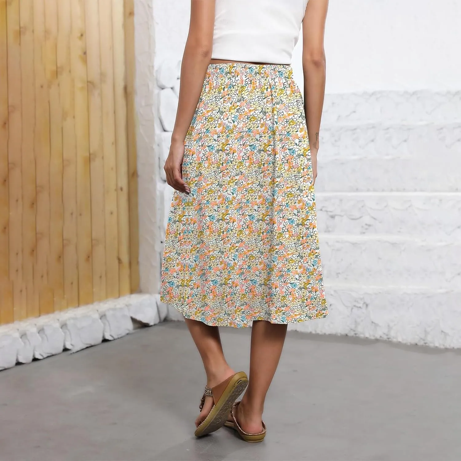 Long Skirts for Women Trendy Floral Skirt Casual Drawstring Elastic High Waisted Skirts A Line Boho Flowy Skirt
