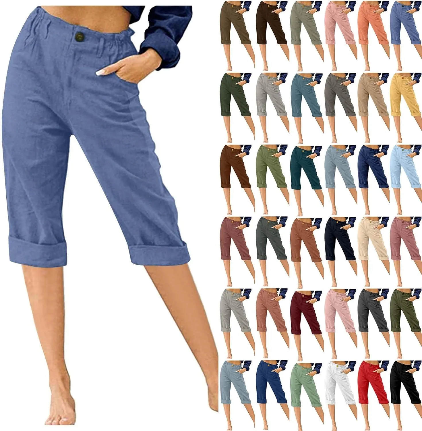 LRMQS Womens Capri Pants Summer Trendy Casual Elastic Waist Cropped Trouser Fashion Resort Wear Beach Vacation Capris Clothes