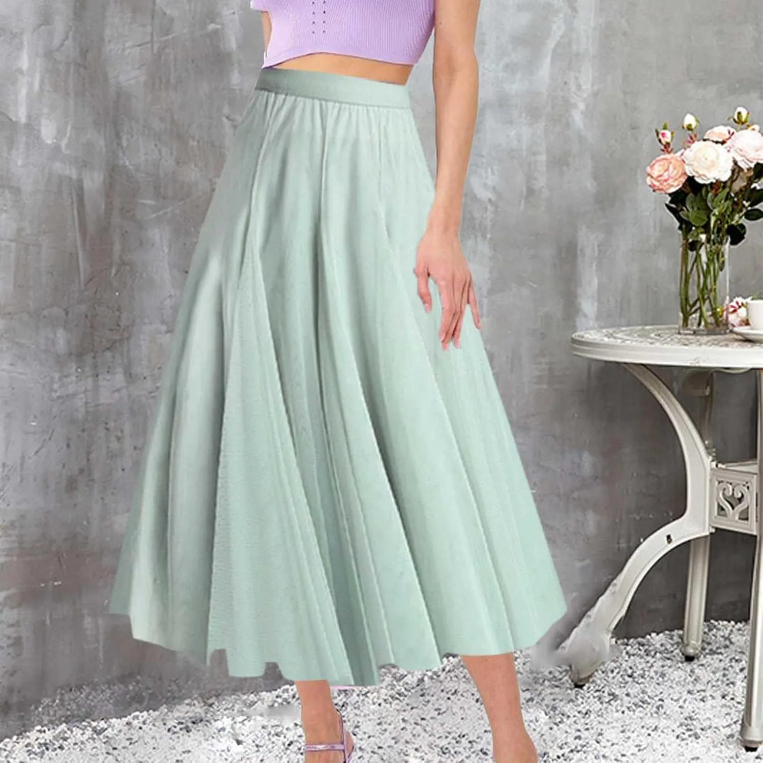 Maxi Skirts for Women Casual High Waisted Flowy Pleated A Line Midi Length Plain Skirt Trendy Cute Vacation Dress
