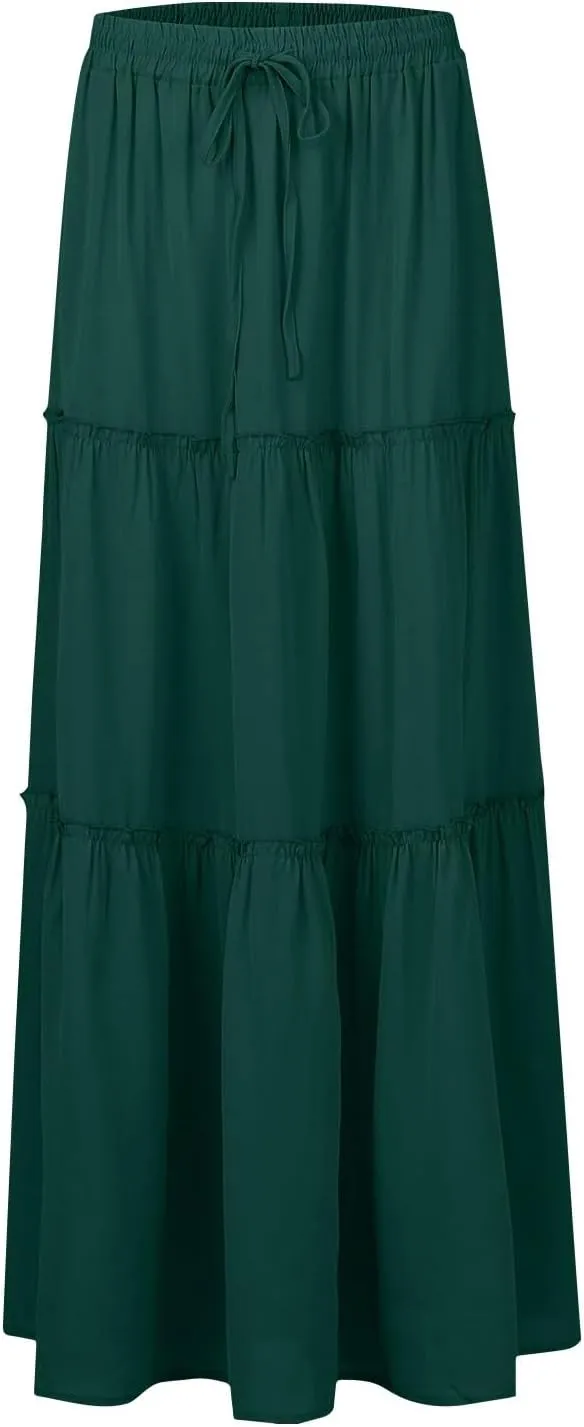 Maxi Skirts for Women,High Waisted Trendy Womens Boho Maxi Skirt with Pockets Pleated Flowy Long Skirts 2025