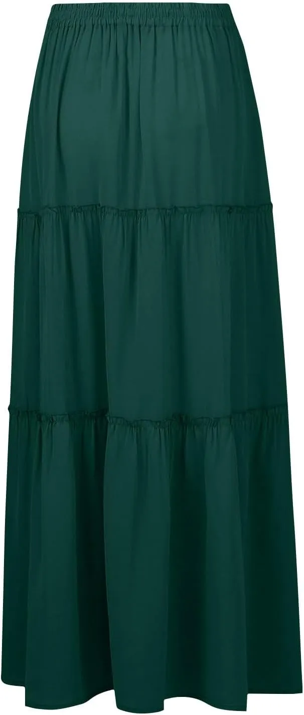 Maxi Skirts for Women,High Waisted Trendy Womens Boho Maxi Skirt with Pockets Pleated Flowy Long Skirts 2025