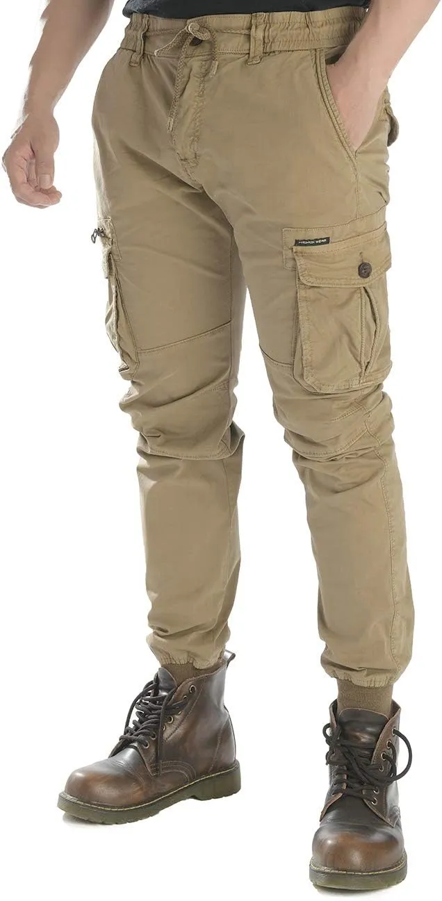 Men Tapered Cargo Pants Slim Fit Chino Joggers Work Trousers with Pockets Tan 32