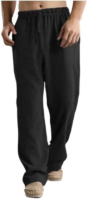 Mens Casual Cotton Pants, Drawstring Pants Men, Lightweight Elastic Waist Summer Beach Trousers Plus Size Pockets