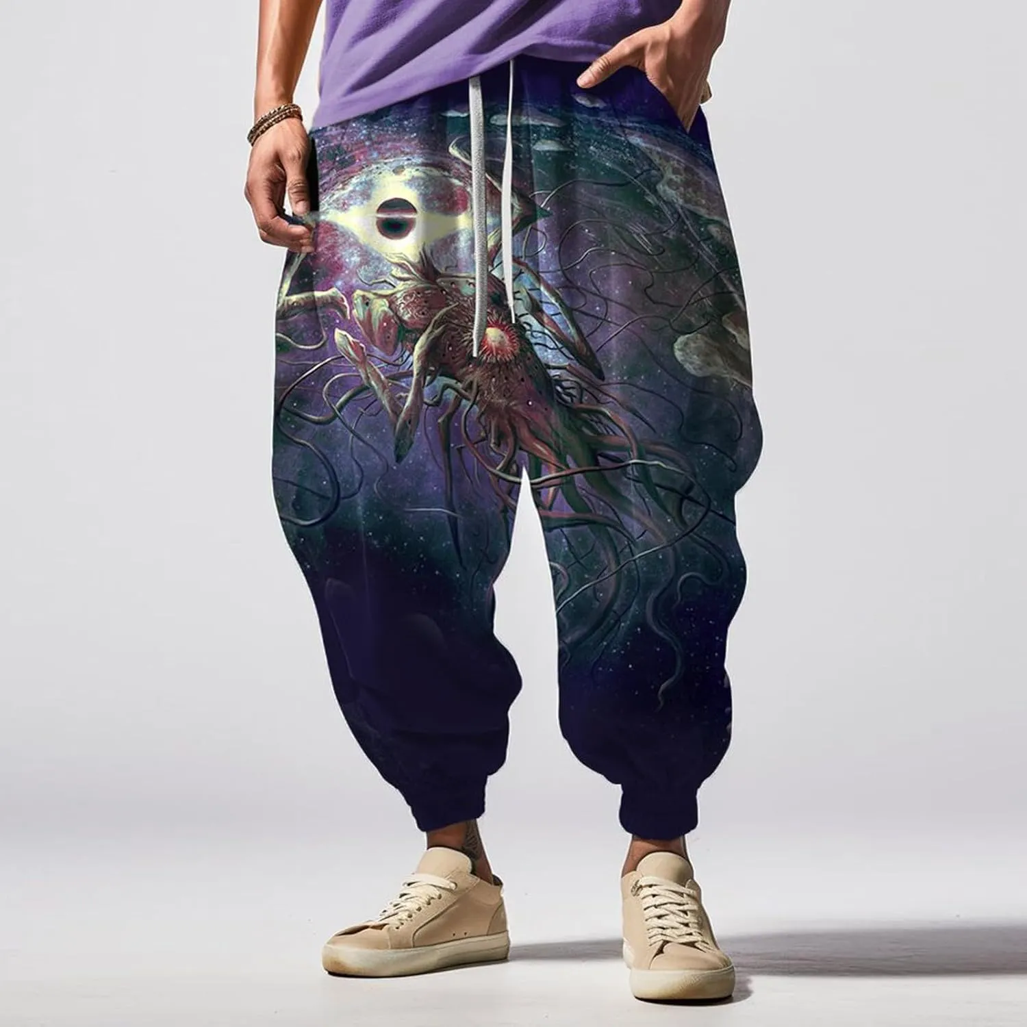 Mens Casual Joggers Pants Men's Autumn Fun Print Fashion Street Feel Baggy Hippie Elastic Waist Drop Crotch Trousers