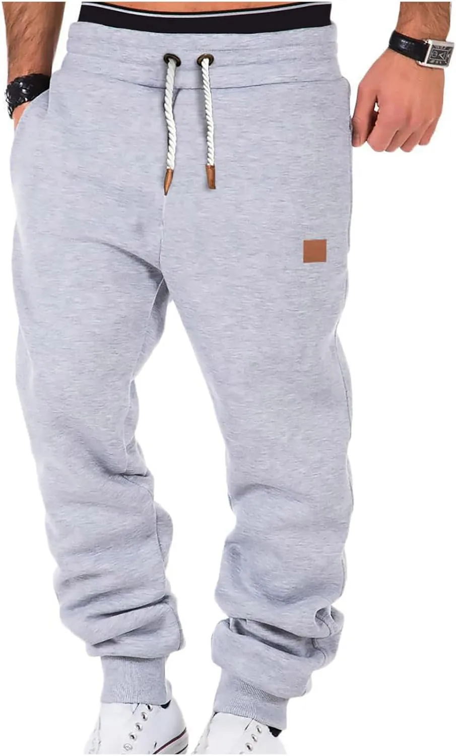 Mens Casual Pants Drawstring Elastic Waist Sports Sweatpants Cotton Solid Loose Trousers Classic-Fit Long Pant