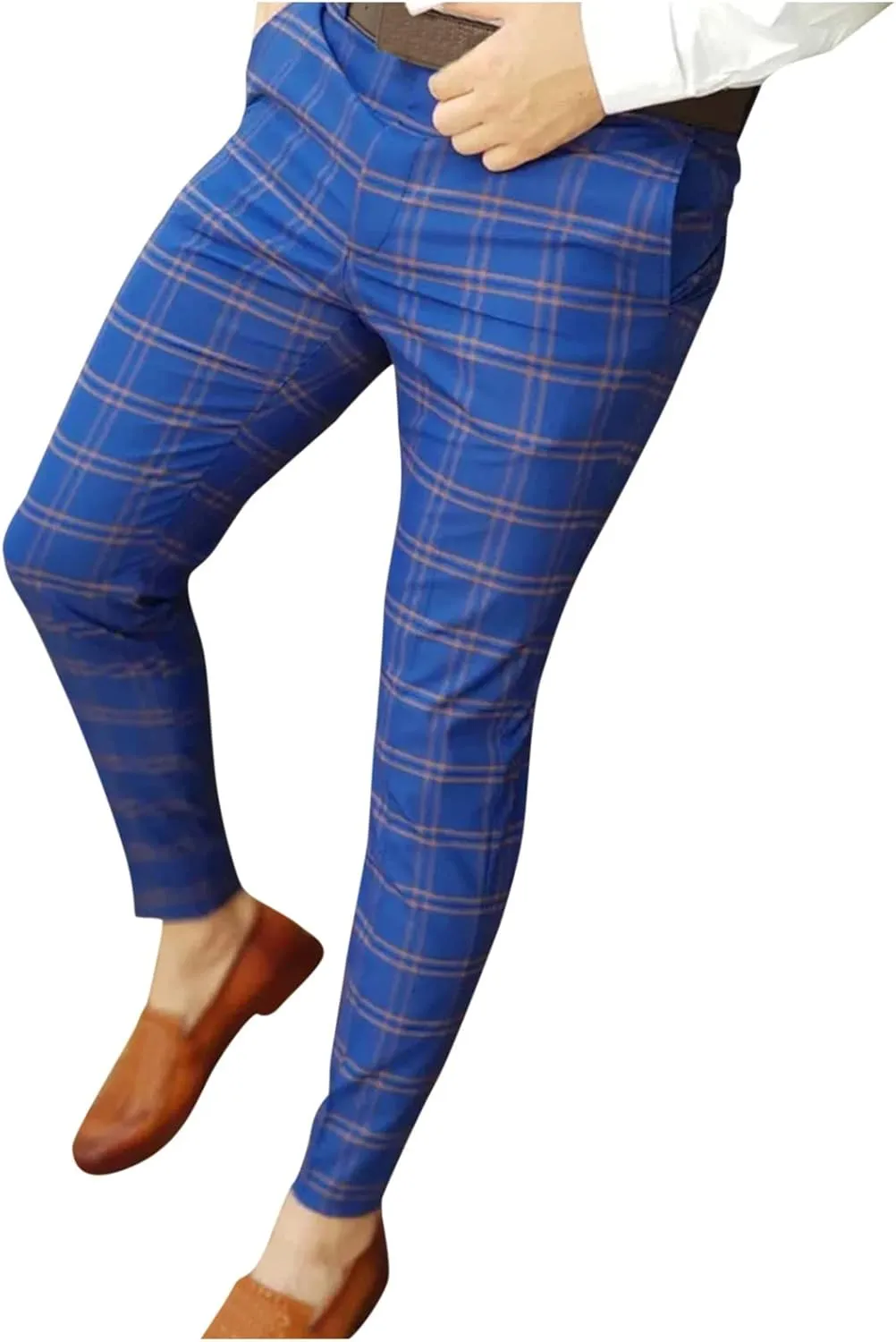 Mens Dress Pants Plaid Skinny Slim Fit Dress Pants Casual Work Business Fashion Golf Pencil Pants Stretch Tapered Suit Pants