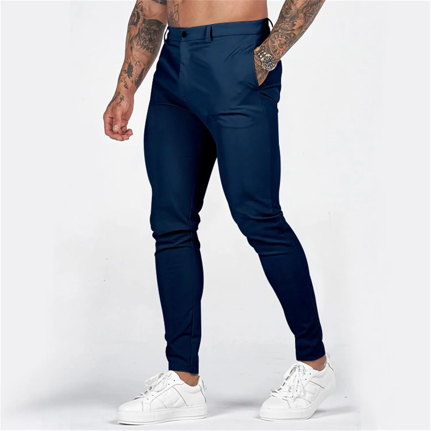 Mens Slim Fit Dress Pencil Pants Classic Flat Front Straight Leg Chinos Pants Business Suit Work Casual Golf Trousers