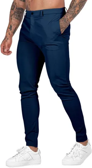 Mens Slim Fit Dress Pencil Pants Classic Flat Front Straight Leg Chinos Pants Business Suit Work Casual Golf Trousers