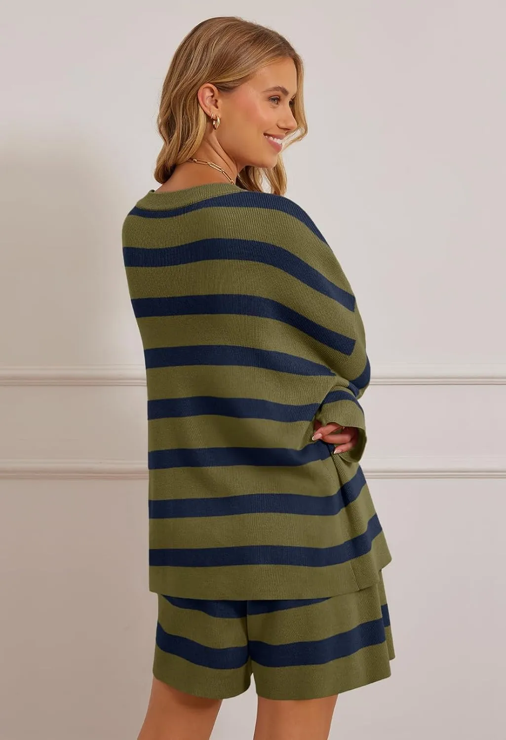 MEROKEETY Women's 2 Piece Sweater Lounge Sets Striped Long Sleeve Shorts Oversized Matching Outfits