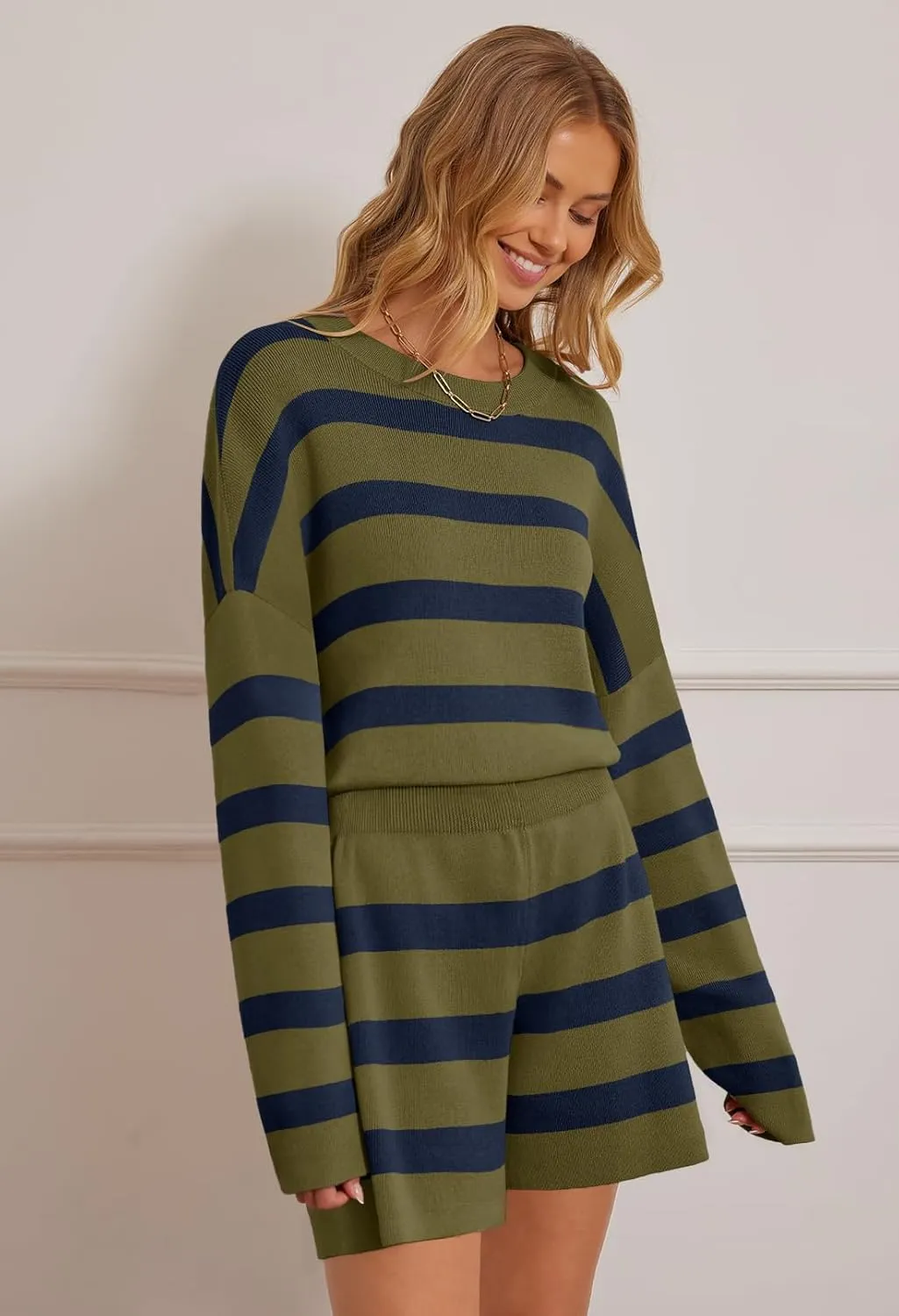 MEROKEETY Women's 2 Piece Sweater Lounge Sets Striped Long Sleeve Shorts Oversized Matching Outfits
