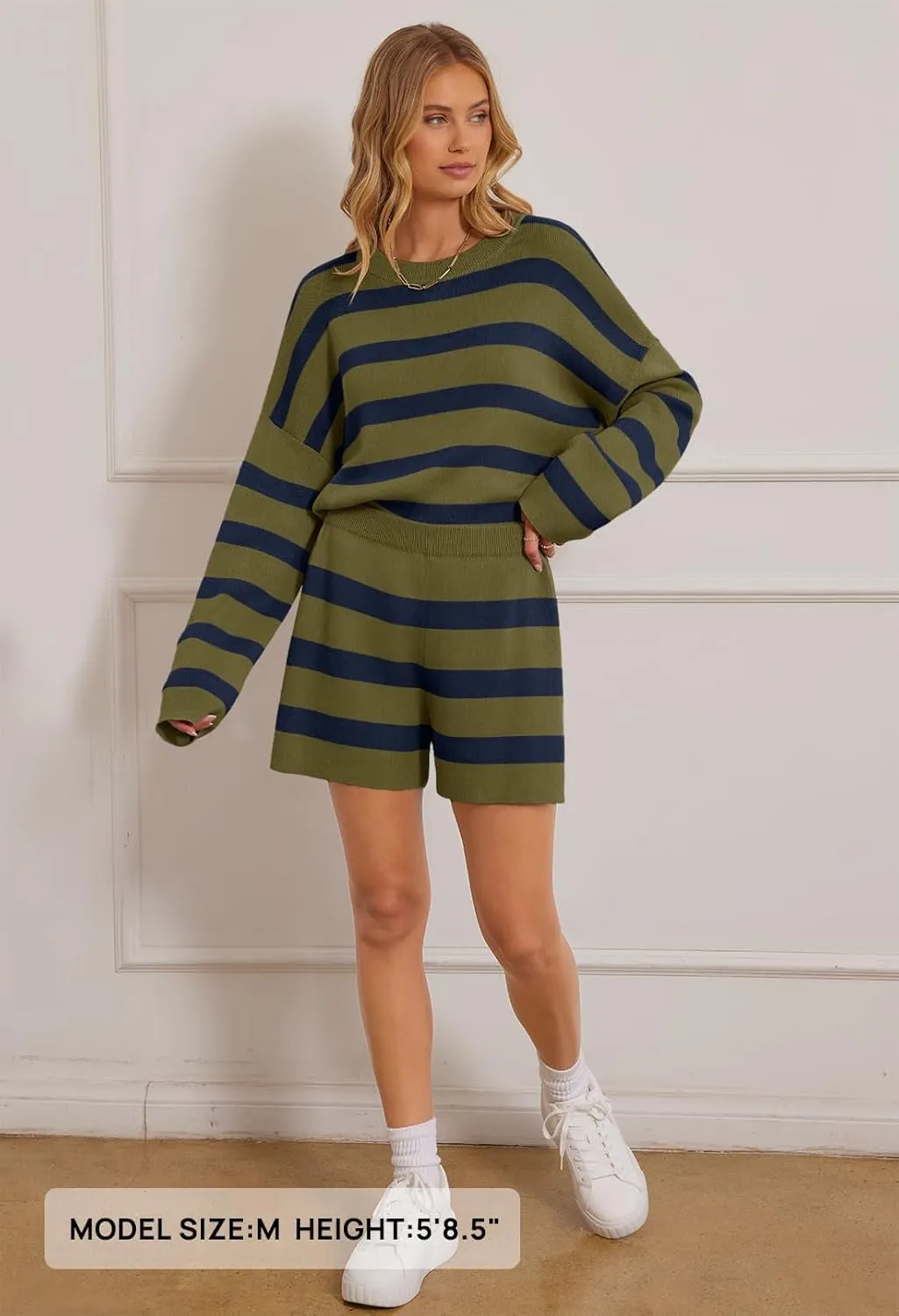 MEROKEETY Women's 2 Piece Sweater Lounge Sets Striped Long Sleeve Shorts Oversized Matching Outfits