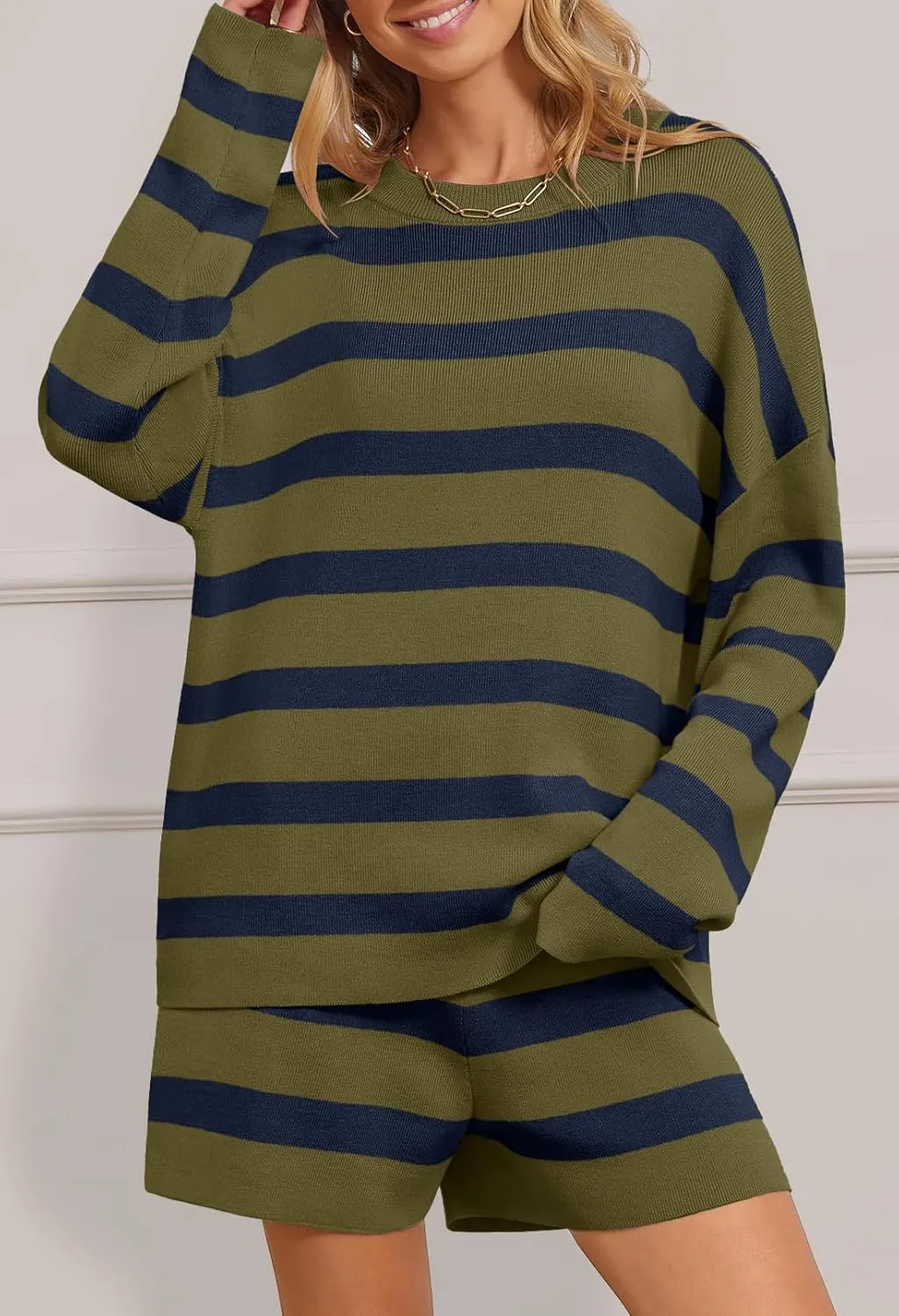 MEROKEETY Women's 2 Piece Sweater Lounge Sets Striped Long Sleeve Shorts Oversized Matching Outfits