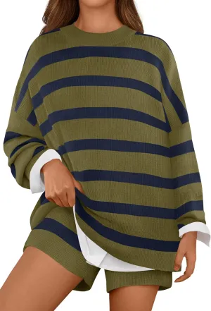 MEROKEETY Women's 2 Piece Sweater Lounge Sets Striped Long Sleeve Shorts Oversized Matching Outfits