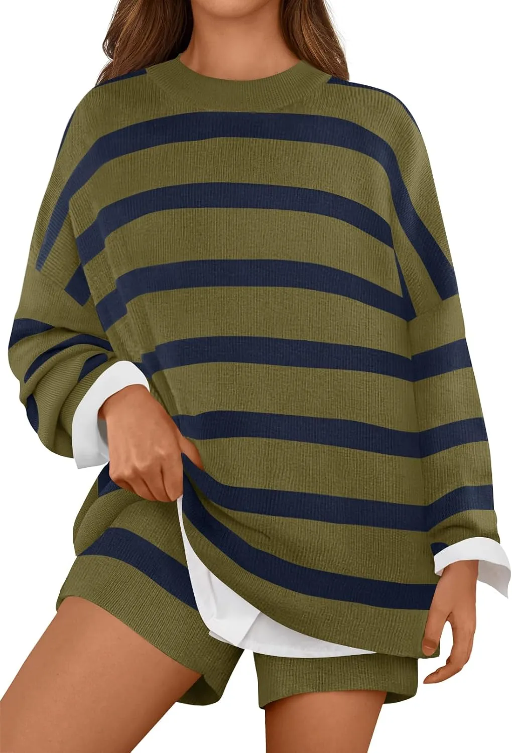 MEROKEETY Women's 2 Piece Sweater Lounge Sets Striped Long Sleeve Shorts Oversized Matching Outfits