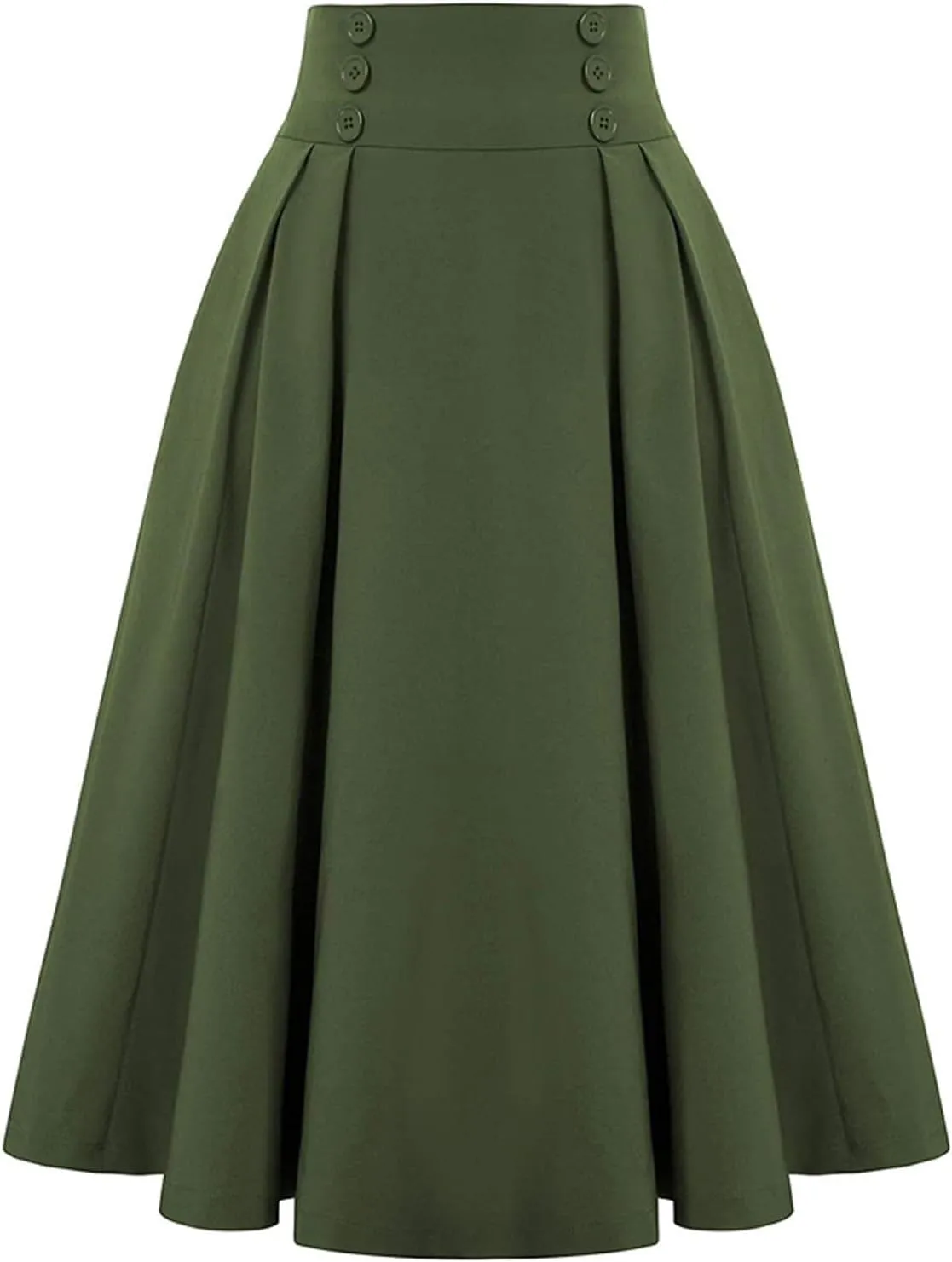 Midi Skirts for Women Elegant Vintage Button Elastic High Waisted Skirts Dressy Casual Pleated A Line Work Skirts