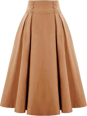 Midi Skirts for Women Elegant Vintage Button Elastic High Waisted Skirts Dressy Casual Pleated A Line Work Skirts