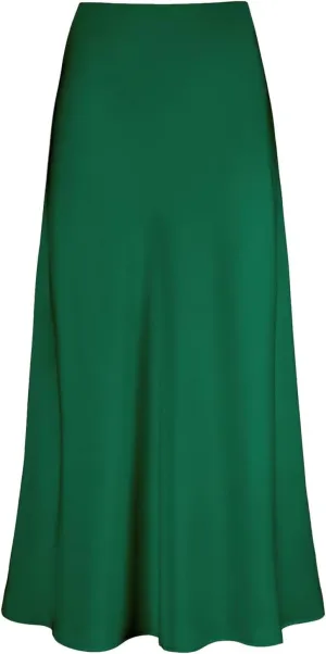 Midi Skirts for Women High Waist Soft Silk Satin Back Zipper Summer Casual Midi Length Flowy Pleated Elastic Skirt