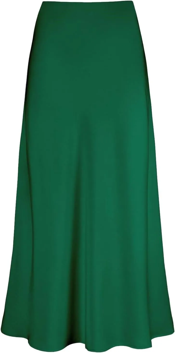 Midi Skirts for Women High Waist Soft Silk Satin Back Zipper Summer Casual Midi Length Flowy Pleated Elastic Skirt