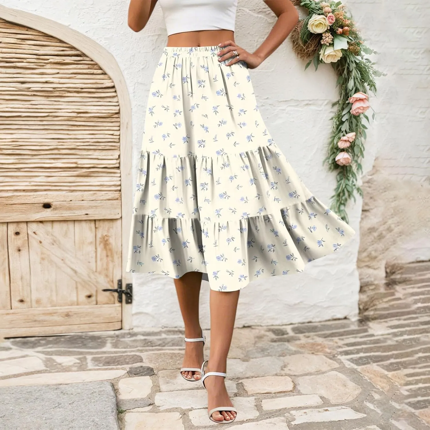 Midi Skirts for Women Summer Boho Floral Flowy Tiered Pleated High Elastic Waist A Line Skirt Beach Vacation Clothes