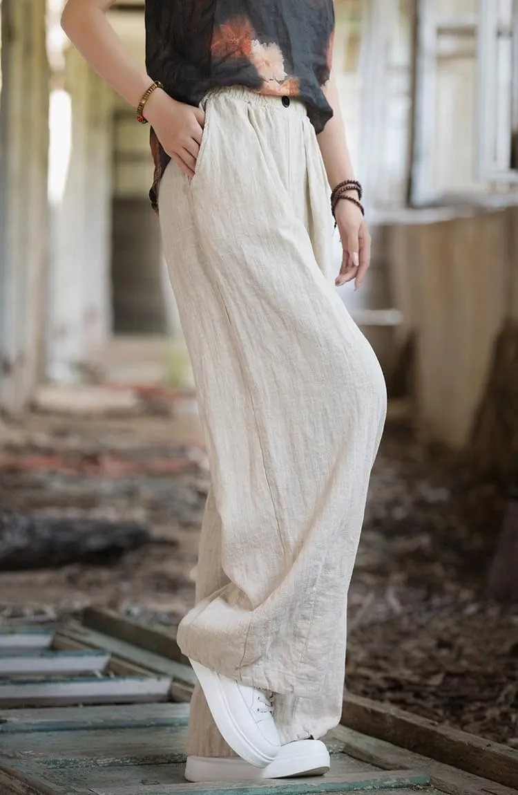 Minibee Women's Cotton Linen Palazzo Pants Wide Leg Casual Baggy Loose Lounge Trousers with Pockets