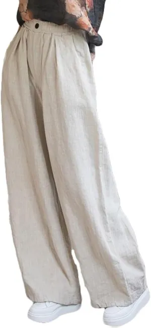 Minibee Women's Cotton Linen Palazzo Pants Wide Leg Casual Baggy Loose Lounge Trousers with Pockets